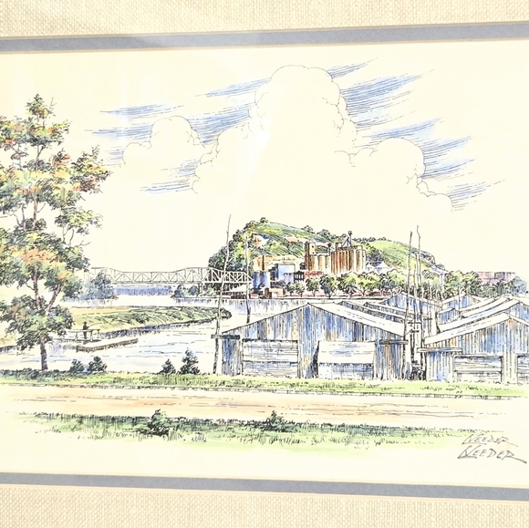 Ink Watercolor Signed Needer Framed Art Textured Matte Country Farm Scene Bridge - Picture 2 of 10